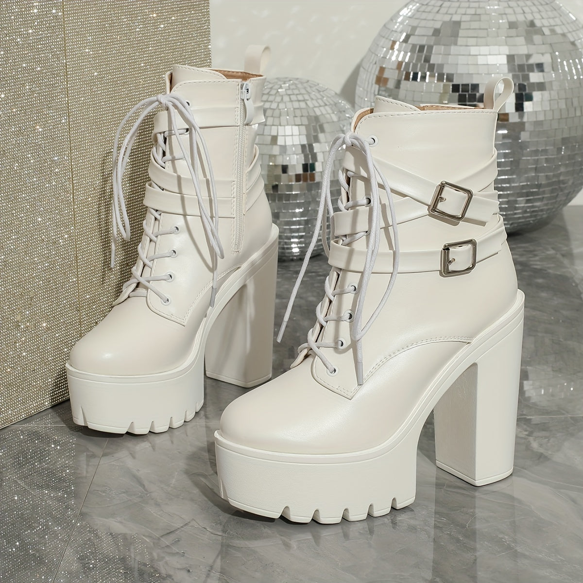 Elegant White Platform Ankle Boots for Women - Comfortable Lace-Up with Side Zipper, Non-Slip Thick Sole, High Chunky Heel - Perfect for Parties & Events, Fashionable British Style Short Boots, High Heel Boots